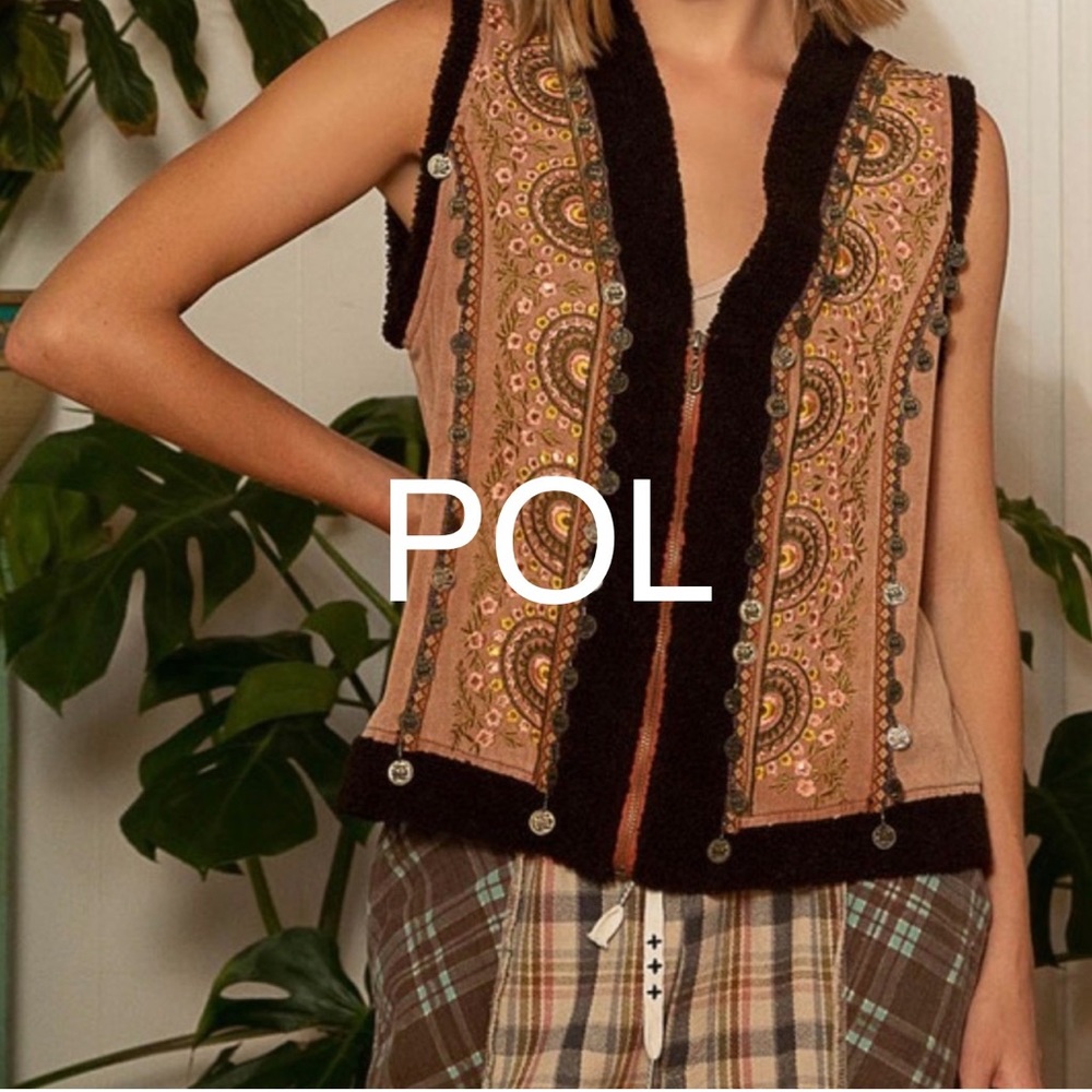 B11P🤎POL perfect faux shearling brown vest w/amazing embroidery+faux fur… - Picture 14 of 14
